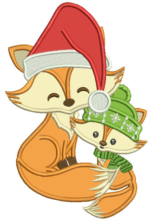 Mommy And Baby Fox Wearing Winter Hats Christmas Applique Machine Embroidery Design Digitized Pattern