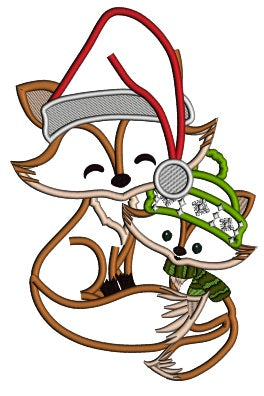 Mommy And Baby Fox Wearing Winter Hats Christmas Applique Machine Embroidery Design Digitized Pattern