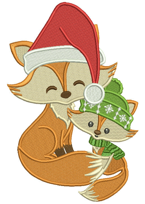 Mommy And Baby Fox Wearing Winter Hats Christmas Filled Machine Embroidery Design Digitized Pattern