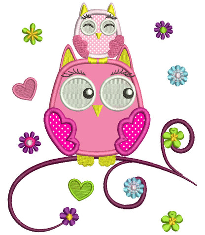 Mommy Owl And Baby Owl Sitting On The Branch Applique Machine Embroidery Design Digitized Pattern