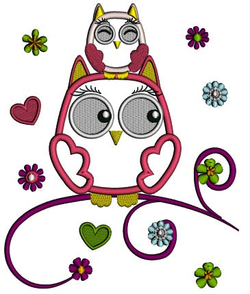 Mommy Owl And Baby Owl Sitting On The Branch Applique Machine Embroidery Design Digitized Pattern