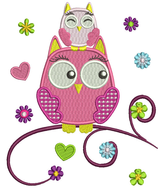 Mommy Owl And Baby Owl Sitting On The Branch Filled Machine Embroidery Design Digitized Pattern
