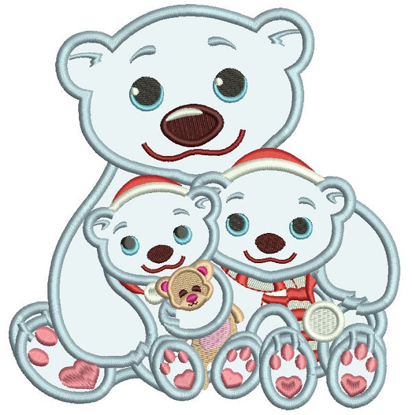 Mommy Polar Bear With Kids Applique Machine Embroidery Design Digitized Pattern