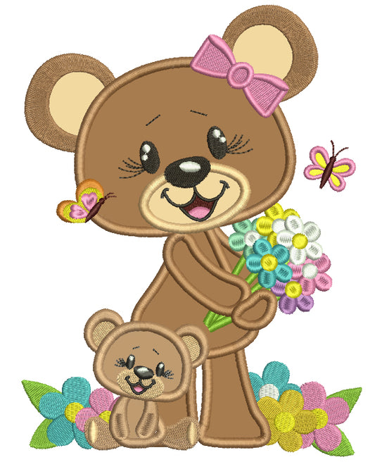 Mommy and Baby Bear With Flowers Applique Machine Embroidery Design Digitized Pattern