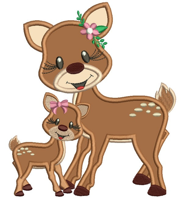 Mommy and Cute Baby Deer Applique Machine Embroidery Design Digitized Pattern
