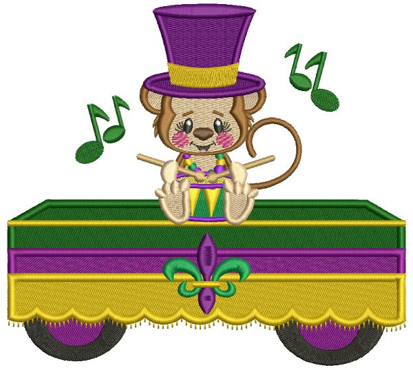Monkey Playing Drums Mardi Gras Filled Machine Embroidery Design Digitized Pattern