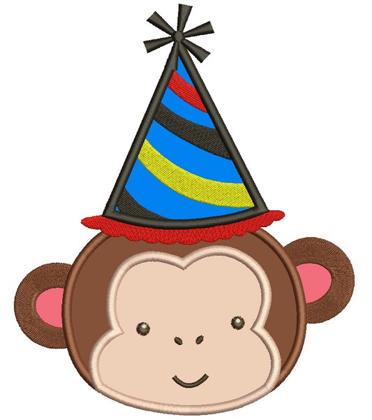 Monkey Wearing a Party Hat Birthday Applique Machine Embroidery Design Digitized Pattern