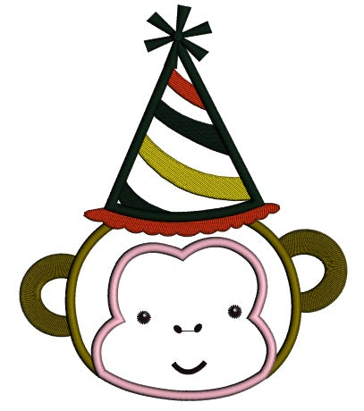 Monkey Wearing a Party Hat Birthday Applique Machine Embroidery Design Digitized Pattern