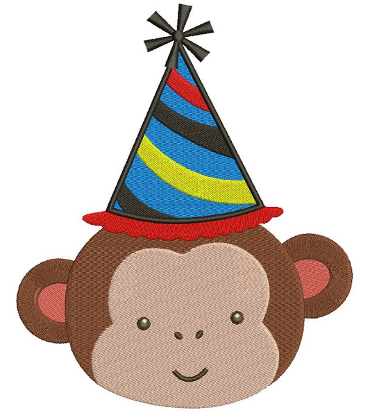 Monkey Wearing a Party Hat Birthday Filled Machine Embroidery Design Digitized Pattern