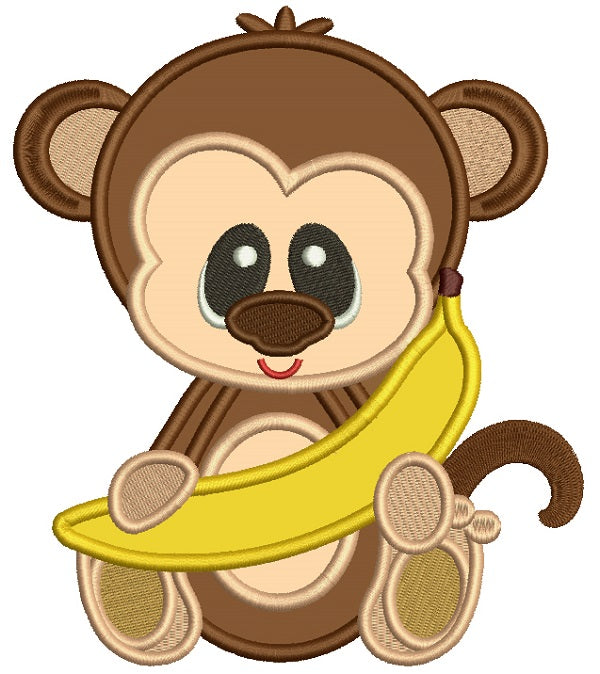 Monkey With a Banana Applique Machine Embroidery Design Digitized Pattern