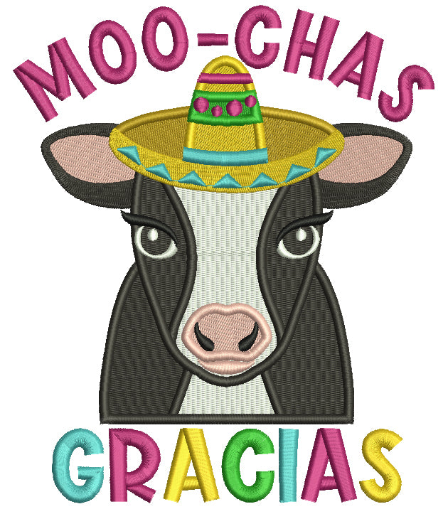 Moo Chas Gracias Cow Wearing Sombrero Filled Machine Embroidery Design Digitized Pattern