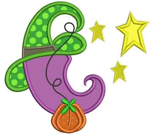 Moon Wearing Witch's Hat Halloween Applique Machine Embroidery Design Digitized Pattern