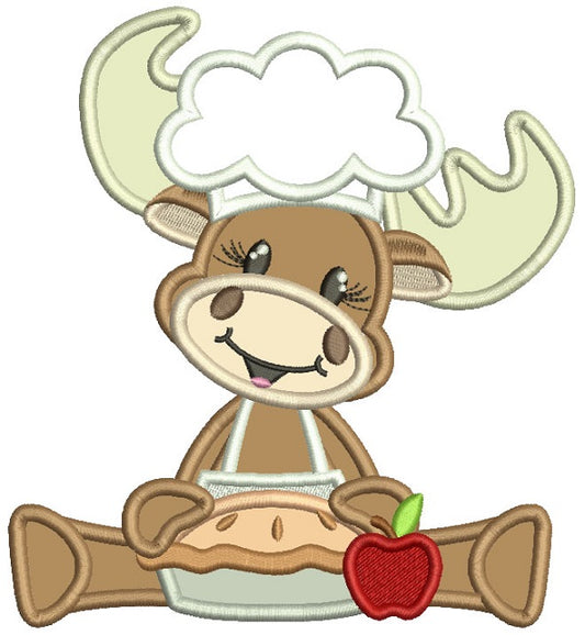 Moose Cook Holding Apple Pie Thanksgiving Applique Machine Embroidery Design Digitized Pattern