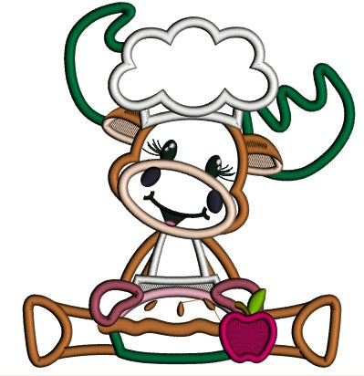 Moose Cook Holding Apple Pie Thanksgiving Applique Machine Embroidery Design Digitized Pattern
