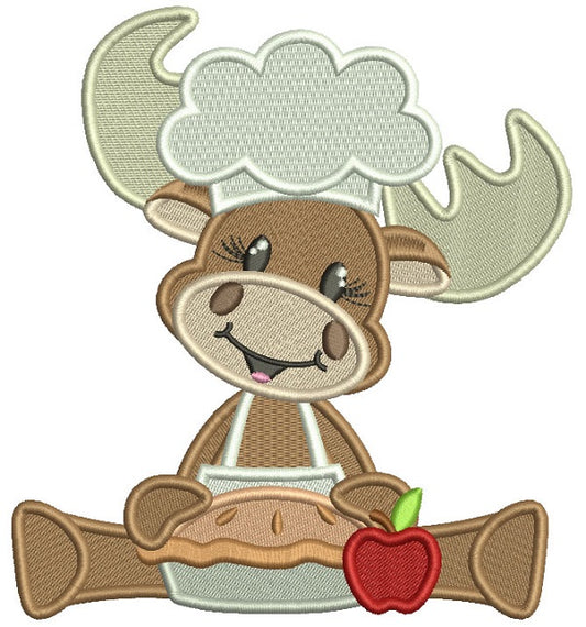 Moose Cook Holding Apple Pie Thanksgiving Filled Machine Embroidery Design Digitized Pattern