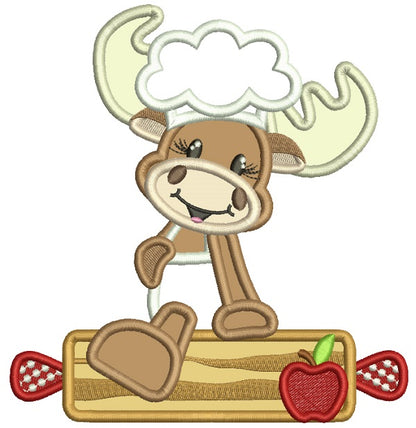 Moose Cook With a Rolling Pin Applique Machine Embroidery Design Digitized Pattern