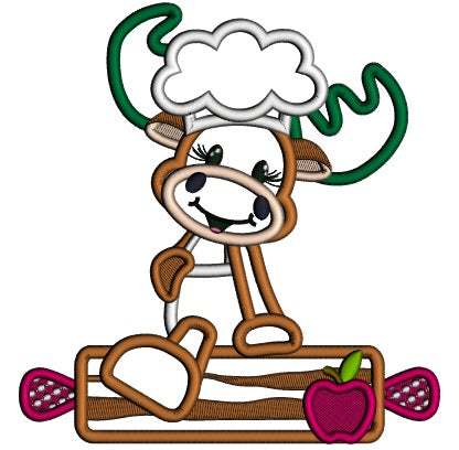 Moose Cook With a Rolling Pin Applique Machine Embroidery Design Digitized Pattern