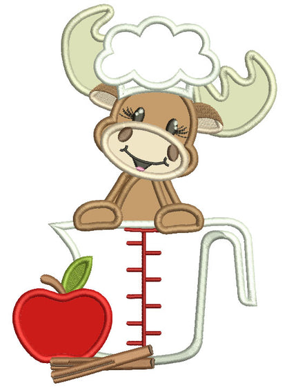 Moose Cook with an Apple Cooking Applique Machine Embroidery Design Digitized Pattern