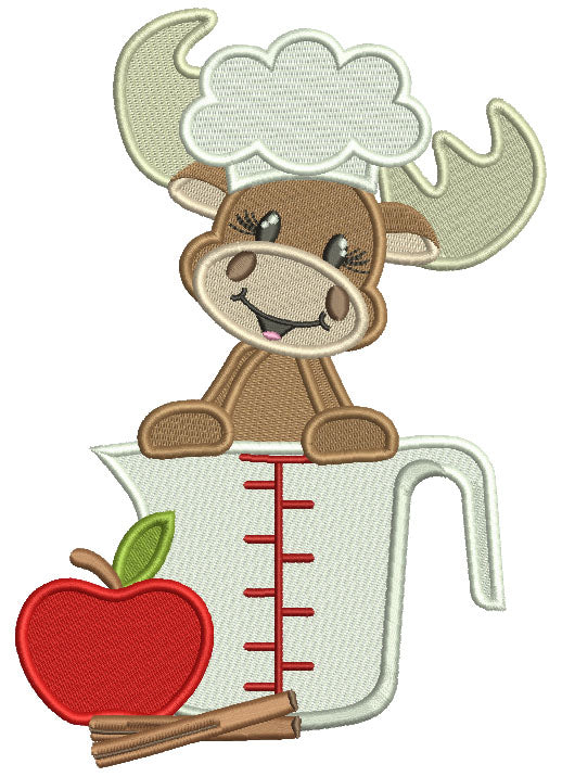 Moose Cook with an Apple Cooking Filled Machine Embroidery Design Digitized Pattern