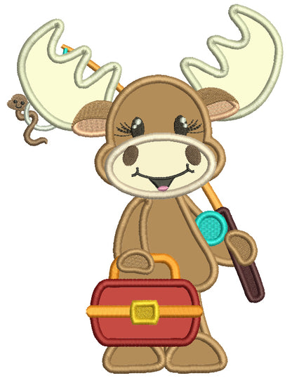 Moose Going Fishing Applique Machine Embroidery Design Digitized Pattern