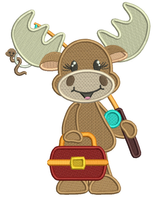 Moose Going Fishing Filled Machine Embroidery Design Digitized Pattern
