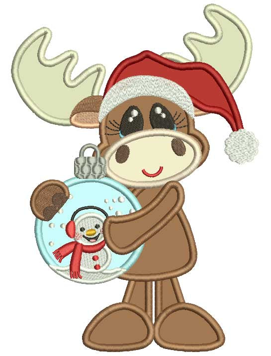 Moose Holding Ornament With a Snowman Christmas Applique Machine Embroidery Design Digitized Pattern