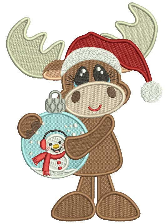 Moose Holding Ornament With a Snowman Christmas Filled Machine Embroidery Design Digitized Pattern