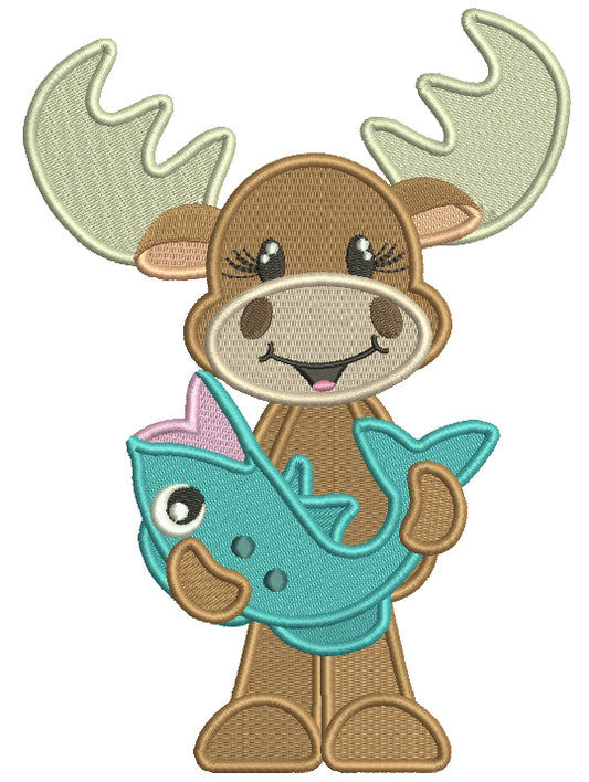 Moose Holding a Big Fish Filled Machine Embroidery Design Digitized Pattern