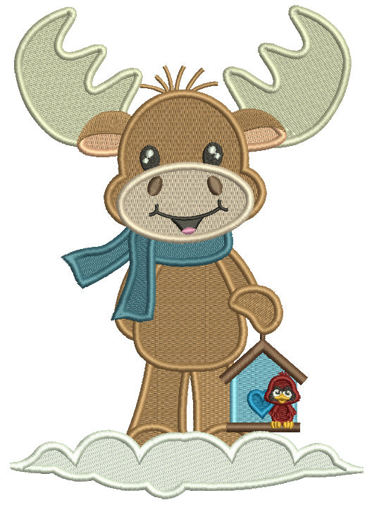 Moose Horling Bird House Christmas Filled Machine Embroidery Design Digitized Pattern