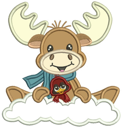 Moose On The CLOud With Little Bird Christmas Applique Machine Embroidery Design Digitized Pattern