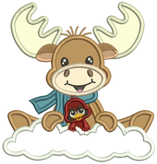 Moose On The CLOud With Little Bird Christmas Applique Machine Embroidery Design Digitized Pattern