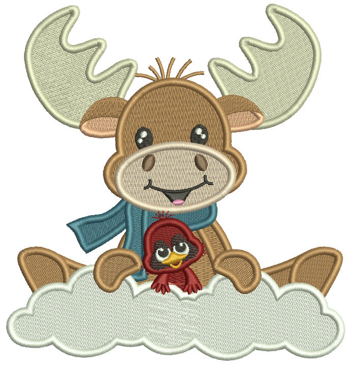 Moose On The CLOud With Little Bird Christmas Filled Machine Embroidery Design Digitized Pattern