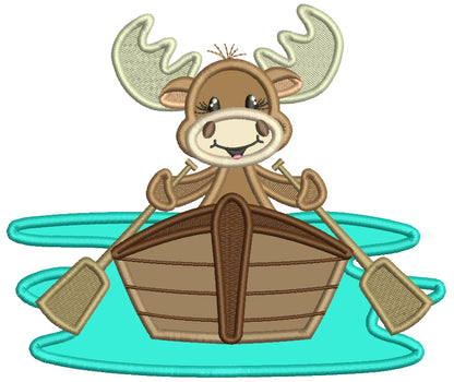 Moose Rowing a Boat Applique Machine Embroidery Design Digitized Pattern