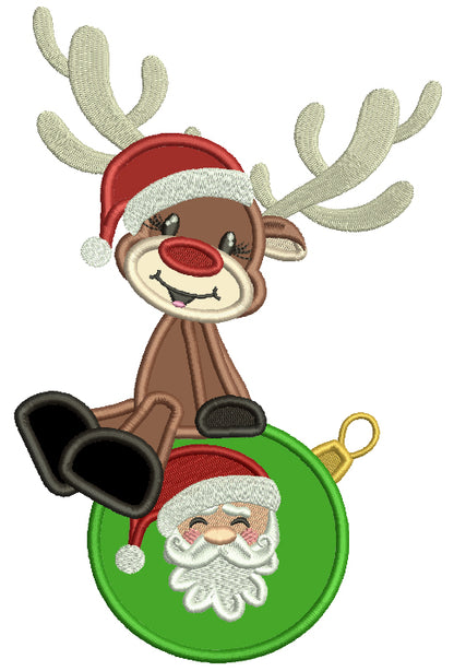 Moose Sitting On A Christmas Ornament Applique Machine Embroidery Design Digitized Pattern