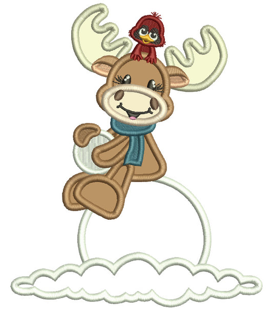 Moose Sitting a Snow Christmas Applique Machine Embroidery Design Digitized Pattern