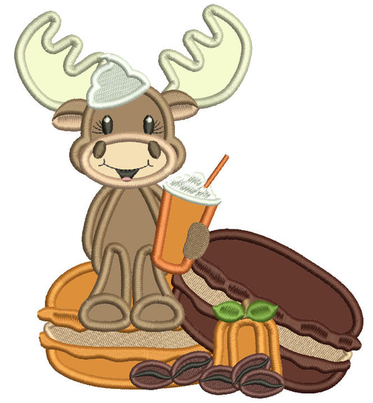 Moose Sitting on a Donut Fall Applique Thanksgiving Machine Embroidery Design Digitized Pattern