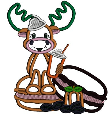 Moose Sitting on a Donut Fall Applique Thanksgiving Machine Embroidery Design Digitized Pattern