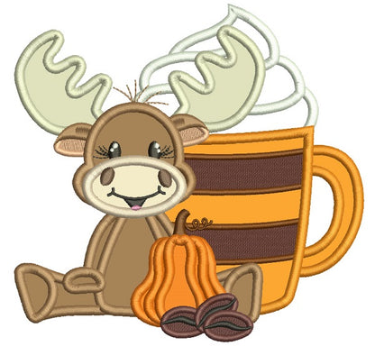 Moose With a Big Coffee Cup Fall Applique Thanksgiving Machine Embroidery Design Digitized Pattern