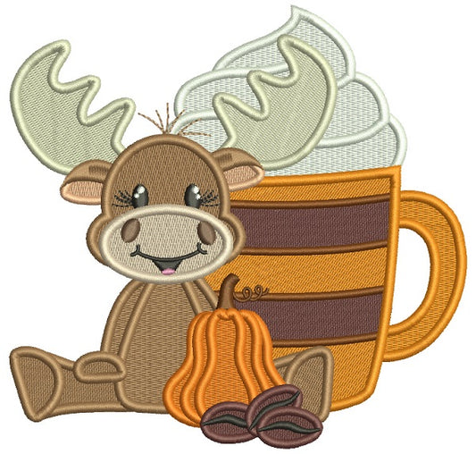Moose With a Big Coffee Cup Fall Filled Thanksgiving Machine Embroidery Design Digitized Pattern