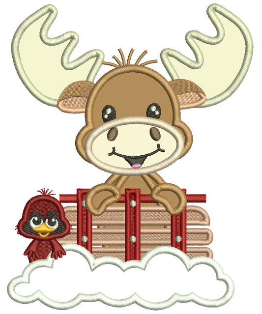 Moose With a Bird And Snow Christmas Applique Machine Embroidery Design Digitized Pattern