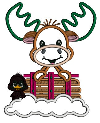 Moose With a Bird And Snow Christmas Applique Machine Embroidery Design Digitized Pattern