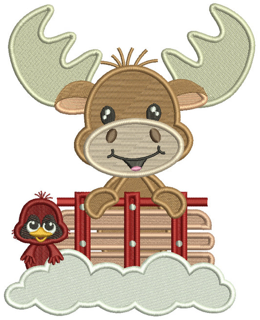 Moose With a Bird And Snow Christmas Filled Machine Embroidery Design Digitized Pattern