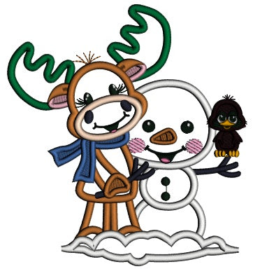 Moose With a Snowman Christmas Applique Machine Embroidery Design Digitized Pattern