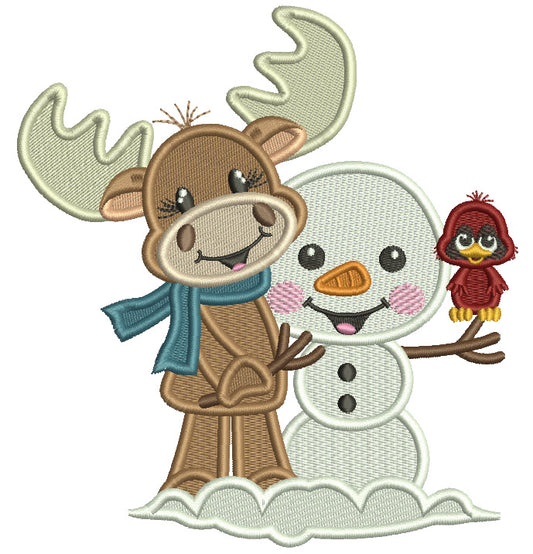 Moose With a Snowman Christmas Filled Machine Embroidery Design Digitized Pattern