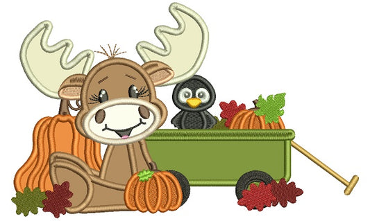 Moose and a Bird At The Pumpkin Patch Fall Thanksgiving Applique Machine Embroidery Design Digitized Pattern