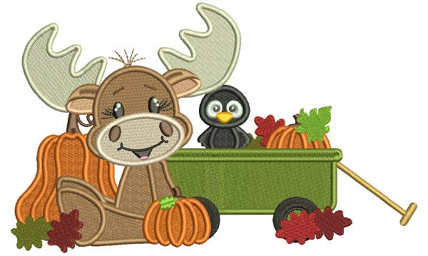 Moose and a Bird At The Pumpkin Patch Fall Thanksgiving Filled Machine Embroidery Design Digitized Pattern