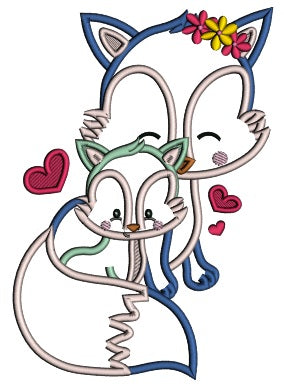 Mother And Baby Fox WIth Hearts Applique Machine Embroidery Design Digitized Patterny