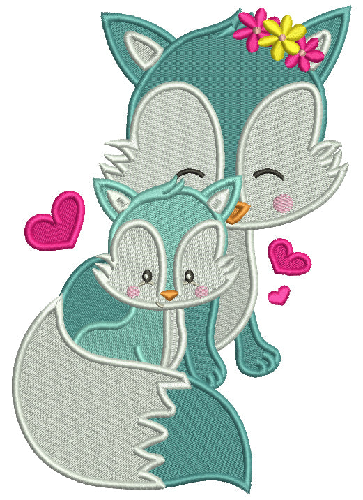 Mother And Baby Fox WIth Hearts Filled Machine Embroidery Design Digitized Patterny