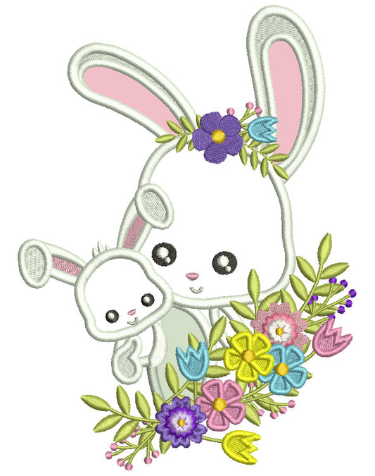 Mother Bunny And a Baby Flowers Easter Applique Machine Embroidery Design Digitized Pattern
