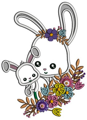 Mother Bunny And a Baby Flowers Easter Applique Machine Embroidery Design Digitized Pattern